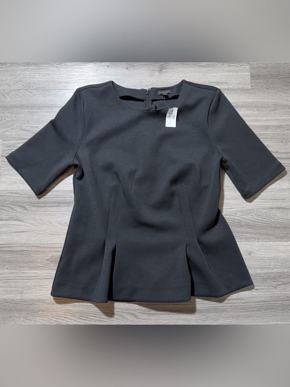 Ann Taylor Black Peplum Top Womens Large Short Sleeve Career Stretch Blouse